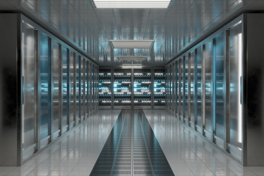 3D rendering of a modern server room with blue lighting and no people