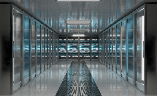 3D rendering of a modern server room with blue lighting and no people