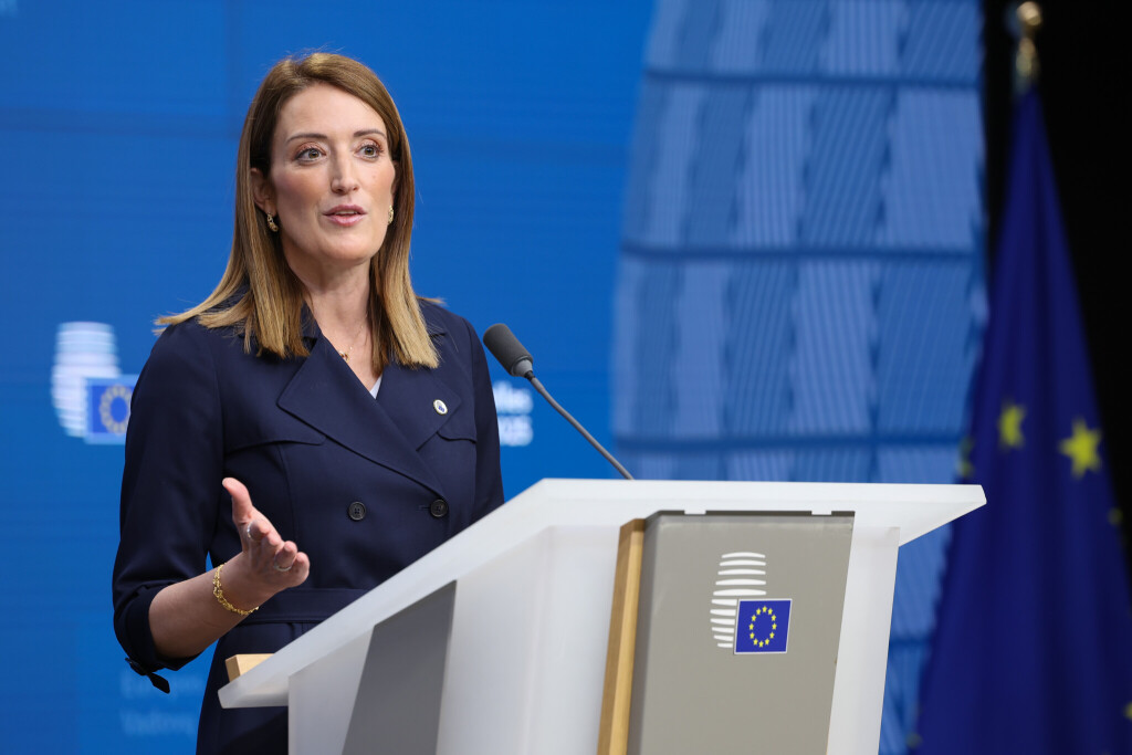 President of the European Parliament, Roberta Metsola, speaking at a press conference.