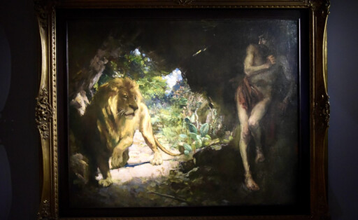 HONG KONG, CHINA - APRIL 19: The oil painting Slave and Lion by Chinese modern master Xu Beihong is exhibited ahead of a