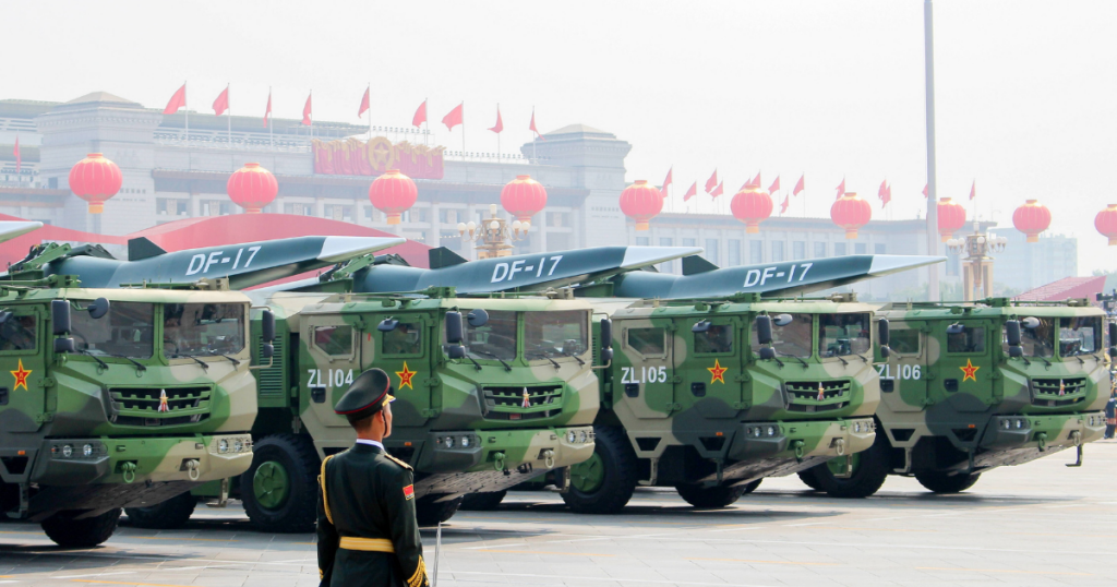 BEIJING, CHINA - OCTOBER 1, 2019: DF-17 Dongfeng medium-range ballistic missiles equipped with a DF-ZF hypersonic glide vehicle, involved in a military parade to mark the 70th anniversary of the Chinese People s Republic. Zoya Rusinova/TASS PUBLICATIONxINxGERxAUTxONLY TS0BCF8D