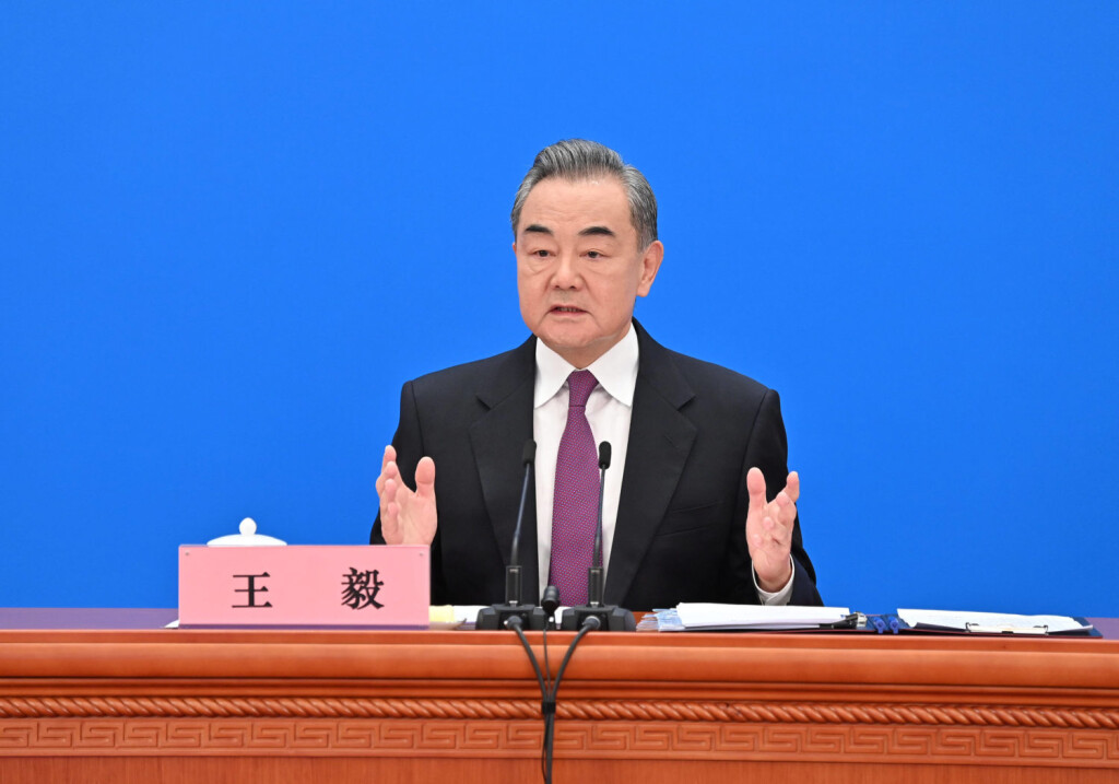 220307 -- BEIJING, March 7, 2022 -- Chinese State Councilor and Foreign Minister Wang Yi attends a press conference on China s foreign policy and foreign relations via video link on the sidelines of the fifth session of the 13th National People s Congress NPC at the Great Hall of the People in Beijing, capital of China, March 7, 2022. TWO SESSIONS CHINA-BEIJING-NPC-PRESS CONFERENCE-WANG YI CN LixXin PUBLICATIONxNOTxINxCHN