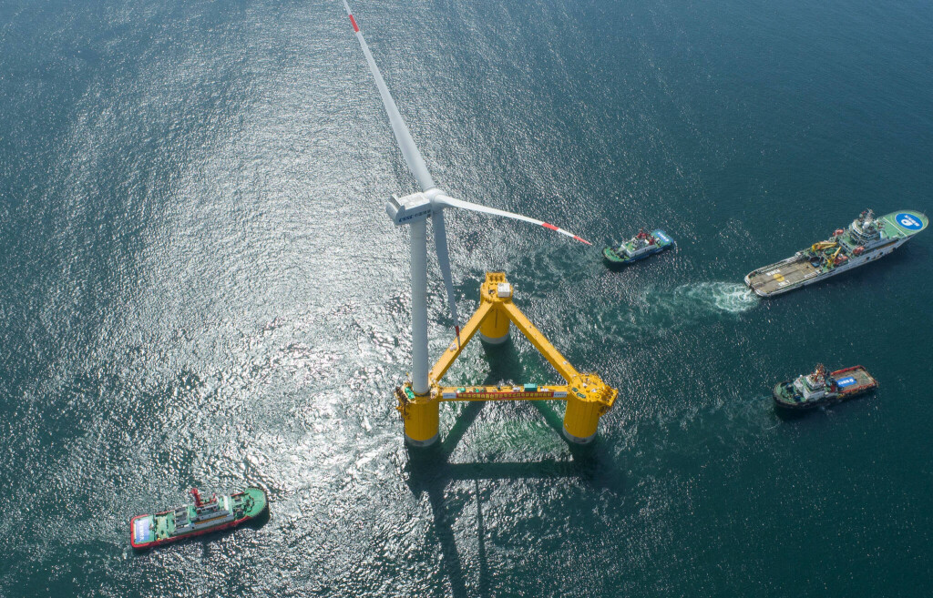 220529 -- MAOMING, May 29, 2022 -- Aerial photo taken on May 29, 2022 shows a deep-sea floating wind power equipment Fuyao being towed from Maoming to Luodousha sea area, south China s Guangdong Province. China s first deep-sea floating wind power equipment Fuyao was towed in Maoming, south China s Guangdong Province on Sunday. It will be tested in Luodousha sea area where the average water depth is 65 meters. Fuyao wind turbine is equipped with 6.2 megawatt typhoon-resistant wind power generating units. CHINA-GUANGDONG-MAOMING-WIND POWER EQUIPMENT-FUYAO CN LiuxDawei PUBLICATIONxNOTxINxCHN