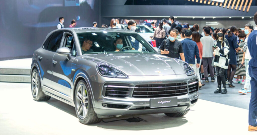 GUANGZHOU, CHINA - NOVEMBER 20: A Porsche E-Hybrid car is on display during the 19th Guangzhou International Automobile Exhibition Auto Guangzhou 2021 at China Import and Expor