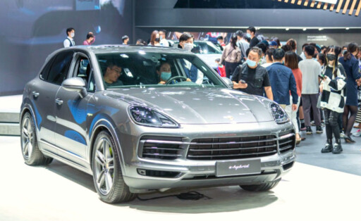 GUANGZHOU, CHINA - NOVEMBER 20: A Porsche E-Hybrid car is on display during the 19th Guangzhou International Automobile Exhibition Auto Guangzhou 2021 at China Import and Expor