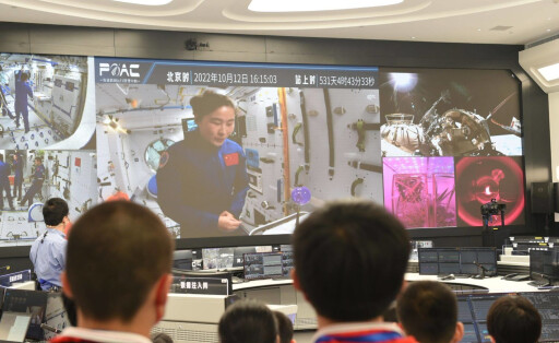 221012 -- BEIJING, Oct. 12, 2022 -- Students attend the third live class of the Tiangong Class series at the Technology and Engineering Center for Space Utilization of the Chinese Academy of Sciences in Beijing, capital of China, Oct. 12, 2022. The third live class from China s space station was held Wednesday afternoon, delivered by Shenzhou-14 crew members Chen Dong, Liu Yang and Cai Xuzhe to students on Earth. The main classroom is located at the Technology and Engineering Center for Space Utilization, Chinese Academy of Sciences. The class is also being attended by students from other three classrooms in Yunnan, Henan, and Shandong. It is the first science lecture from the Wentian lab module. CHINA-SPACE STATION-THIRD LIVE C PUBLICATIONxNOTxINxCHN