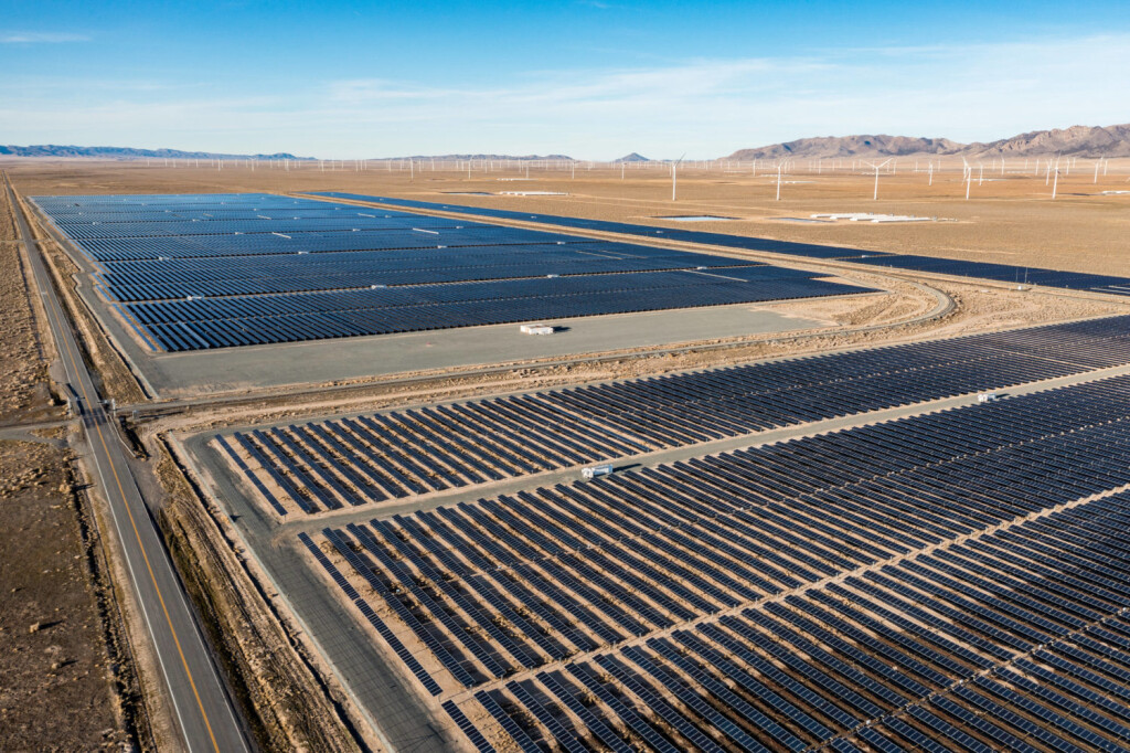 Three sources of renewable energy - solar, wind & biogas. The Escalante Solar Project is a 240 MW photovoltaic array nea