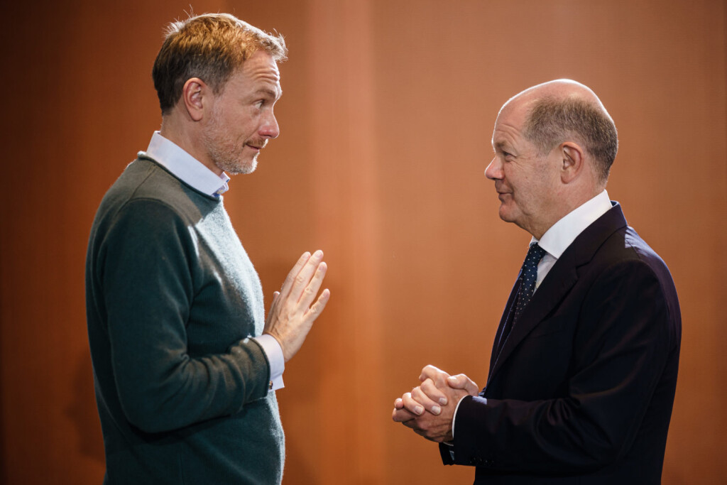 epa10442330 German Finance Minister Christian Lindner (L) gestures as he talks to German Chancellor Olaf Scholz (R) during the weekly meeting of the German Federal cabinet at the Chancellery, in Berlin, Germany, 01 February 2023. The members of the German government, ministers and Chancellor, gather on a weekly basis for cabinet meetings. EPA-EFE/CLEMENS BILAN