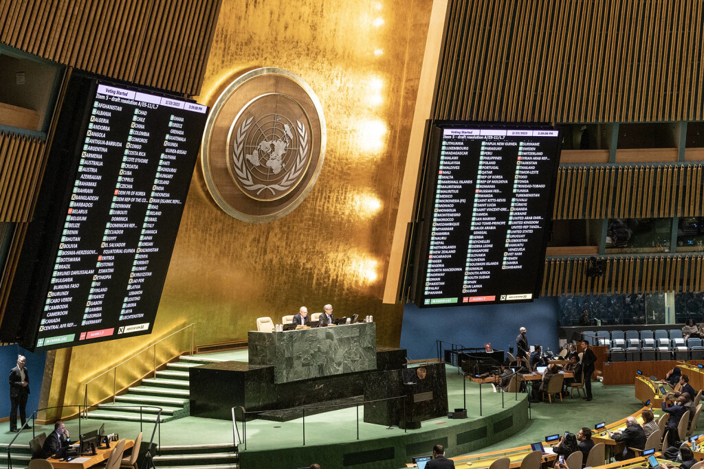 Eleventh Emergency Special Session of the General Assembly 2nd day Results of the vote on resolution in support of Ukraine during General Assembly Emergency session on Russian aggression against Ukraine vote at UN Headquarters. Members of UN voted to approve resolution of withdrawal of Russian troops from Ukraine and a halt to fighting. Vote was 141 for, 7 against and 32 abstained, 13 countries did not vote. All amendments were voted down New York New York United States Copyright: LevxRadin
