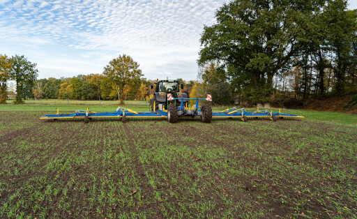 Mechanische Unkrautbekämpfung, Landwirt setzt zur Pflege seines jungen Getriedebestandes einen Pr