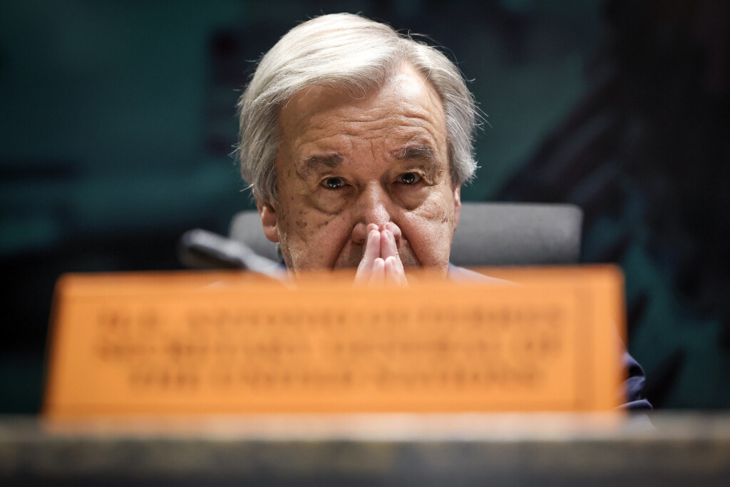 epa10473160 United Nations Secretary-General Antonio Guterres attends a meeting at the start of the African Union Summit in Addis Ababa, Ethiopia, 17 February 2023. The African Union Summit runs until 19 February. EPA-EFE/JOSE SENA GOULAO