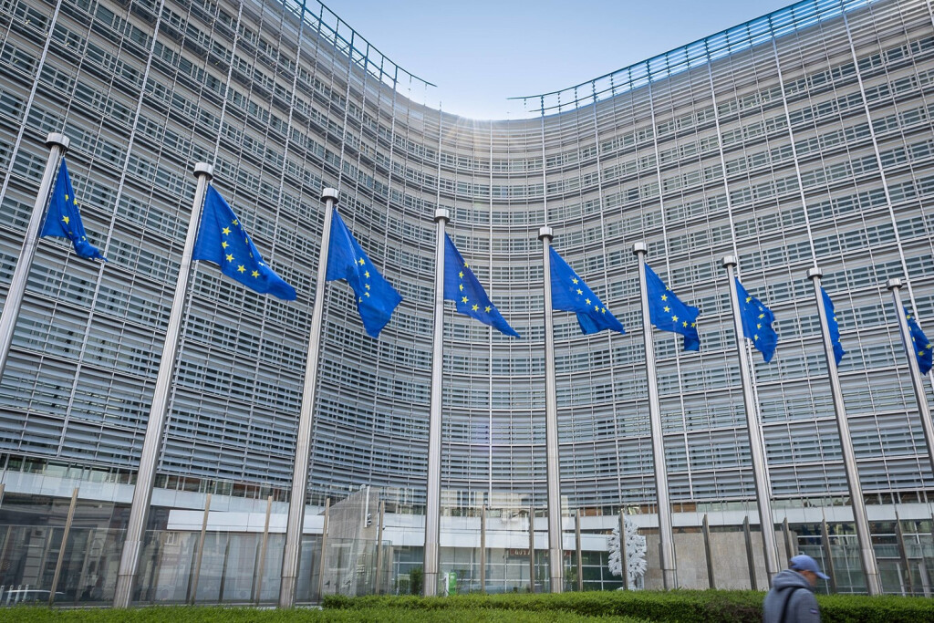 Illustration shows European flags at the Berlaymont which houses the headquarters of the European Commission, the executive branch of the European Union EU, Tuesday 18 April 2023. The structure is located on the Robert Schuman Roundabout at 200, rue de la Loi / Wetstraat, in what is known as the European Quarter . The unique form of the Berlaymont s architecture is used in the European Commission s official emblem PUBLICATIONxNOTxINxBELxFRAxNED JAMESxARTHURxGEKIERE 65271472