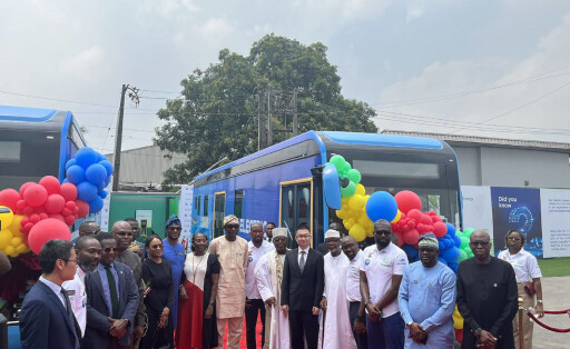 230524 -- LAGOS, May 24, 2023 -- Guests pose for a group photo at a launch ceremony for Yutong electric buses in Lagos, Nigeria, on May 23, 2023. Chinese bus maker Yutong on Tuesday launched the first electric mass transit buses targeting public transport in Lagos, Nigeria s economic hub, as the country prepares for the gradual shift from internal combustion engine-powered vehicles to sustainable electric vehicles EVs. The project is a collaboration between the Oando Clean Energy Limited, Yutong s partner in Nigeria, and the Lagos Metropolitan Area Transport Authority to start proof-of-concept with two Yutong electric buses on the Bus Rapid Transit road in Lagos. Photo by /Xinhua NIGERIA-LAGOS-CHINESE ELECTRIC BUSES-LAUNCH LixPeng PUBLICATIONxNOTxINxCHN