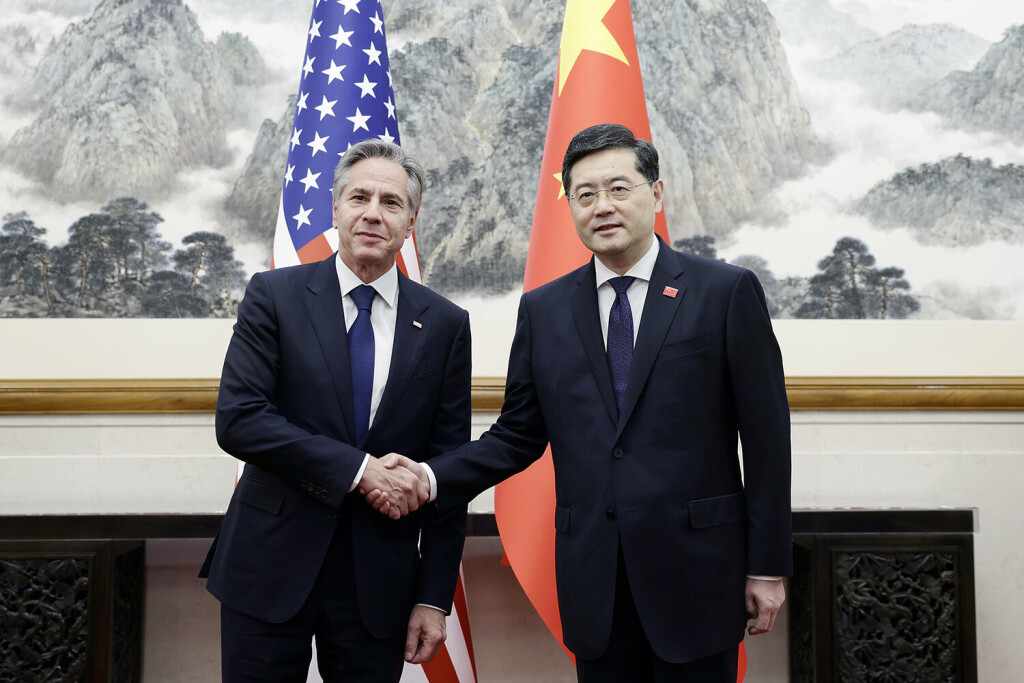 U.S. Secretary of State Blinken meets with Chinese Foreign Minister Qin Gang on Sunday, June 18, 2023, in Beijing. Blinken, whose February 2023 trip was postponed following the reveal of an alleged Chinese spy balloon flying over U.S. airspace, is the first U.S. secretary of state to visit China in five years. Photo via MFA China/ PUBLICATIONxINxGERxSUIxAUTxHUNxONLY WAX2023061801 MFAxCHINA