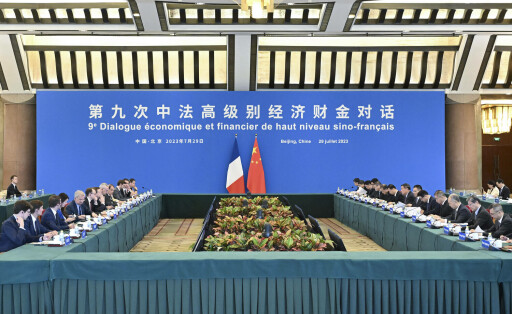 230730 -- BEIJING, July 30, 2023 -- Chinese Vice Premier He Lifeng co-chairs the ninth China-France High Level Economic and Financial Dialogue with Bruno Le Maire, minister of economy, finance and industrial and digital sovereignty of France, in Beijing, capital of China, July 29, 2023. CHINA-FRANCE-ECONOMIC, FINANCIAL DIALOGUE CN YanxYan PUBLICATIONxNOTxINxCHN