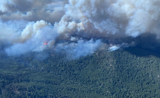 August 18, 2023, West Kelowna, British Columbia, Canada: Smoke and fire from the McDougall Creek wildfire, about 6 miles 10km northwest of West Kelowna is shown in an aerial image photographed on August 17, 2023, and provided from the British Columbia Wildfire Service. The McDougall Creek fire is burning in West Kelowna, British Columbia, Canada. Thousands are ordered to evacuate as wildfire threatens Kelowna, West Kelowna. West Kelowna Canada PUBLICATIONxINxGERxSUIxAUTxONLY - ZUMA 20230817_new_z03_071 Copyright: xBCxWildfirexServicex