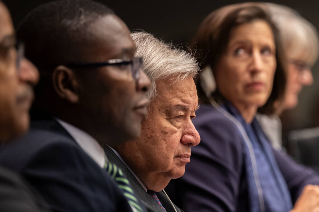 230920 -- UNITED NATIONS, Sept. 20, 2023 -- UN Secretary-General Antonio Guterres C attends the Climate Ambition Summit at the UN headquarters in New York, on Sept. 20, 2023. Guterres on Wednesday warned that humanity has opened the gates of hell on climate. /Handout via Xinhua UN-CLIMATE AMBITION SUMMIT-GUTERRES MarkxGarten/UNxPhoto PUBLICATIONxNOTxINxCHN