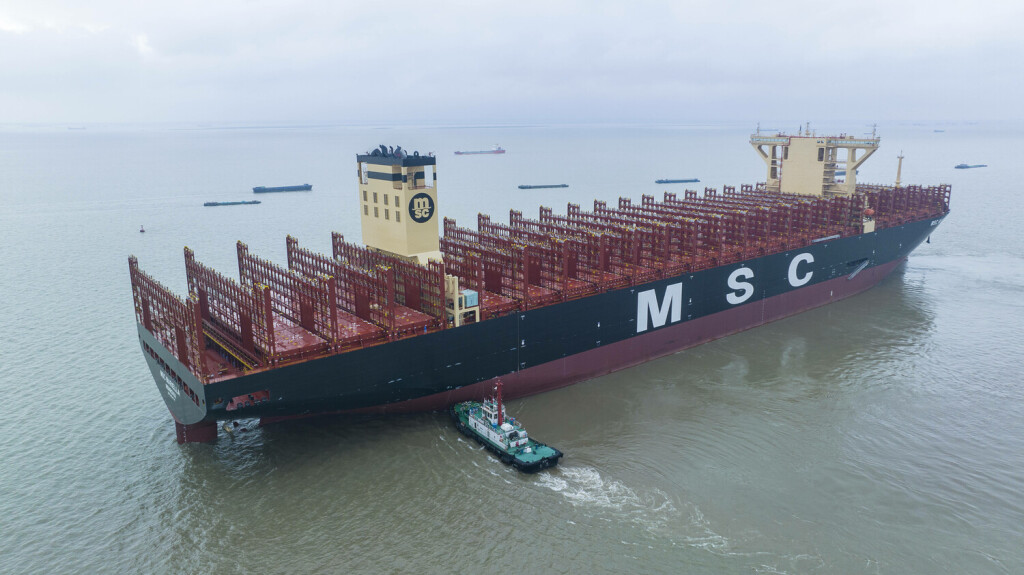 The World Largest Newly Built Container Ship MSC MARIELLA Started Sea Trials SUZHOU, CHINA - JUNE 6, 2023 - MSC MARIELLA, the world s largest newly built container ship, starts its sea trial with the help of tug boats in Suzhou, Jiangsu province, China, June 6, 2023. MSC MARIELLA has a total length of 399.99 meters, a width of 61.3 meters, a deck area of 24,000 square meters, equivalent to 3.3 standard football fields, a maximum pile of container layers of 25 stories, equivalent to the height of 22 stories, and can load a record 24,346 20-foot standard containers at a time. Suzhou Jiangsu China PUBLICATIONxNOTxINxFRA Copyright: xCFOTOx originalFilename: 1030735647st.jpg