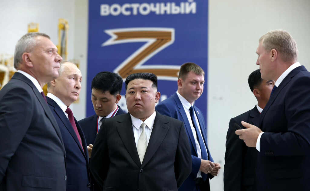 North Korean Leader Kim Jong-un C meets with Russian President Vladimir Putin 2nd-L on September 13, 2023 at the Vostochny Cosmodrome in Amur region, Russia. The talks between the two leaders could lead to a weapons deal as North Korean leader Kim Jong Un has offered Russian President Vladimir Putin his country s unwavering support for Russia s sacred fight . Kim said that North Korea will always stand with Moscow in its fight against imperialism. . PUBLICATIONxINxGERxSUIxAUTxHUNxONLY RUS2023091318 Kremlin
