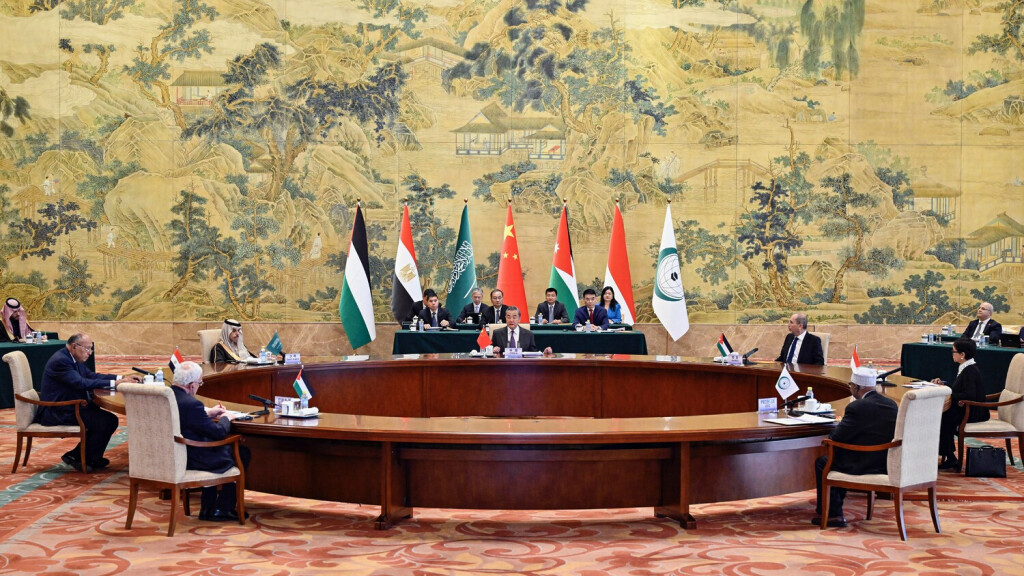 231120 -- BEIJING, Nov. 20, 2023 -- Chinese Foreign Minister Wang Yi, also a member of the Political Bureau of the Communist Party of China Central Committee, holds talks with a joint delegation of foreign ministers from Arab and Islamic countries in Beijing, capital of China, Nov. 20, 2023. The delegation was composed of Saudi Foreign Minister Prince Faisal bin Farhan Al Saud, Jordanian Deputy Prime Minister and Foreign Minister Ayman Safadi, Egyptian Foreign Minister Sameh Shoukry, Indonesian Foreign Minister Retno Marsudi, Palestinian Foreign Minister Riyad Al-Maliki and Secretary General of the Organisation of Islamic Cooperation Hissein Brahim Taha. CHINA-BEIJING-WANG YI-ARAB-ISLAMIC FMS-DELEGATION-TALKS CN YinxBogu PUBLICATIONxNOTxINxCHN