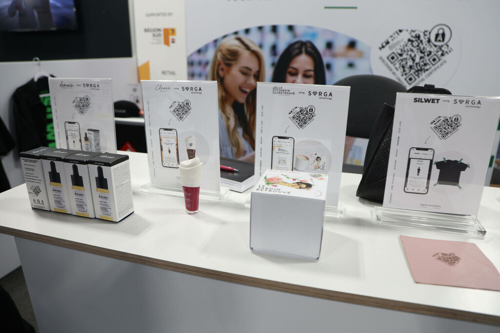 A display highlighting applications for the SORGA passport, a tamper proof QR code printed on product packaging, on display at the 2023 International CES, at the Venetian Convention Center in Las Vegas, Nevada on Saturday, January 7, 2023. The unique code provides verified information regarding the products environmental responsibility, commitments and history, to regain trust in brands through transparency while combating counterfeits. PUBLICATIONxINxGERxSUIxAUTxHUNxONLY LAV20230107035 JAMESxATOA