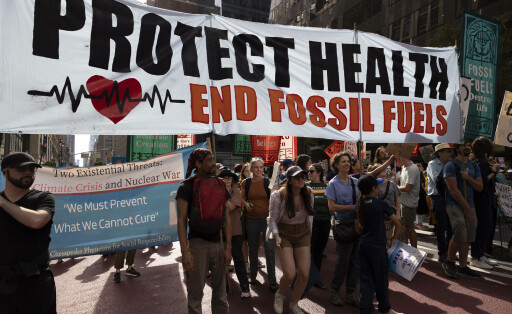 September 17, 2023, New York, New York, USA: A banner reads Protect Health End Fossil Fuels. Led by Indigenous communities an estimated 75,000 people march through midtown Manhattan to the United Nations calling for President Biden to end to fossil fuels. The march precedes the upcoming UN Climate Ambition Summit. New York USA - ZUMAr174 20230917_znp_r174_099 Copyright: xGinaxMxRandazzox