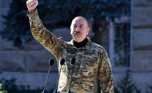 Azerbaijan Military Parade 8551833 08.11.2023 In this handout photo released by Azerbaijani Presidential Press Office, Azerbaijani President Ilham Aliyev delivers a speech a military parade in the central square of Nagorno-Karabakh s Khankendi, which Armenians referred to as Stepanakert, Azerbaijan. Azerbaijan marks the third anniversary of its victory in a six-week war with Armenia in Nagorno-Karabakh. Editorial use only, no archive, no commercial use. Azerbaijani Presidential Press Office Khankendi Azerbaijan PUBLICATIONxINxGERxSUIxAUTxESTxLTUxLATxNORxSWExDENxNEDxPOLxUKxONLY Copyright: xx