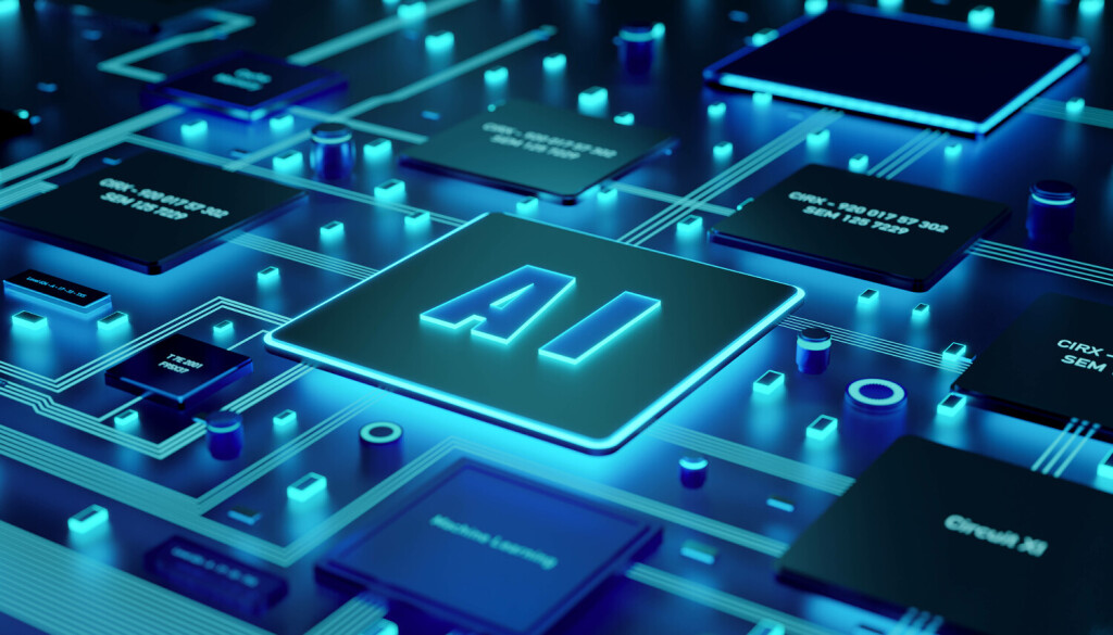 Blue illuminated AI processor on the motherboard. Artificial Intelligence, AI Künstliche Intelligenz